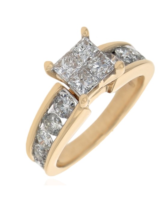 Princess Cut and Round Diamond Engagement Ring in Yellow Gold