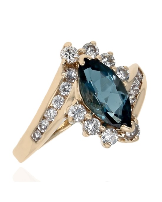 London Blue Topaz and Diamond Bypass Ring in Yellow Gold