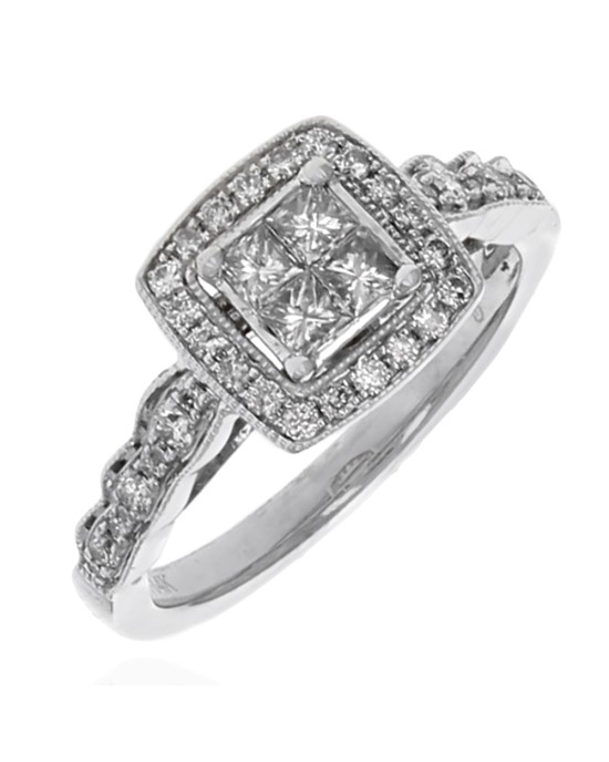 Diamond Square Halo Milgrain Accent Engagement Ring in White Gold