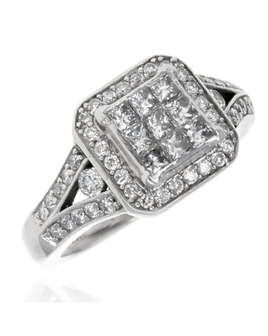 Diamond Square Halo Split Shank Engagement Ring in White Gold