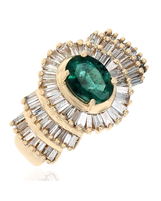 Emerald and Diamond Halo Ring in Yellow Gold