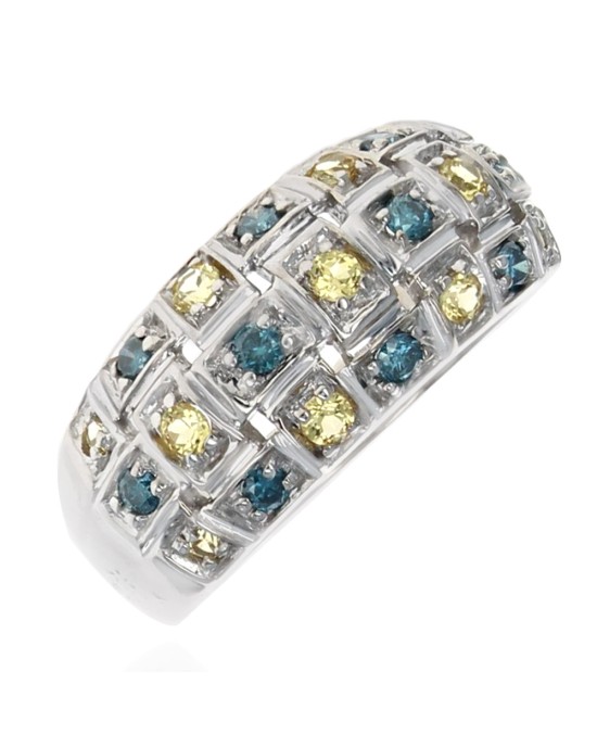 Irradiated Blue and Yellow Diamond Checkerboard Ring