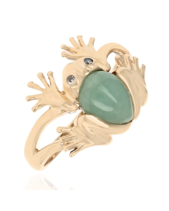 Jadeite Jade and Diamond Frog Ring in Yellow Gold