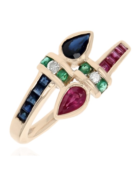 Ruby, Sapphire, Emerald and Diamond Bypass Ring