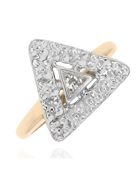 Etched Diamond Solitaire Triangle Shaped Ring in White and Yellow Gold