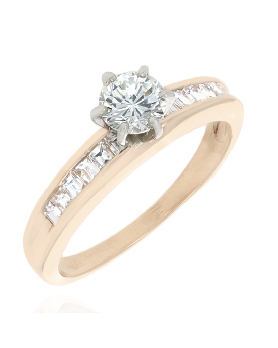 Round and Baguette Diamond Engagement Ring in White and Yellow Gold