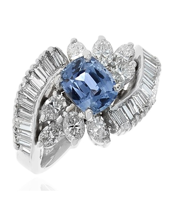 Blue Sapphire and Diamond Cluster Bypass Ring in White Gold