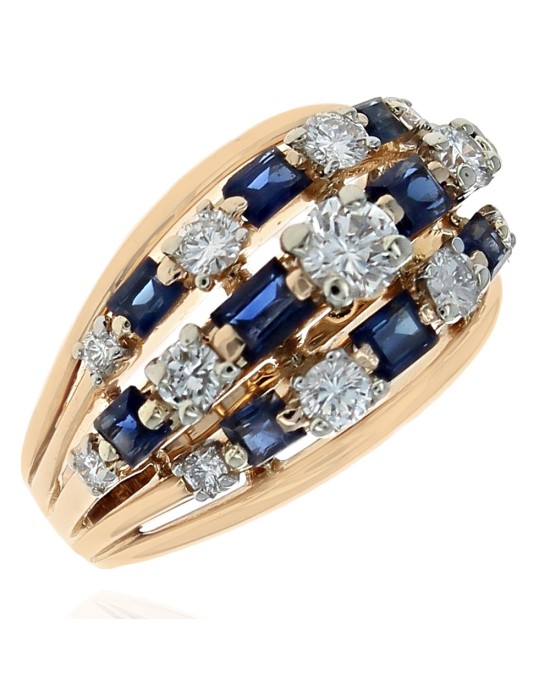 Three Row Alternating Diamond and Blue Sapphire Split Shank Ring in Yellow Gold