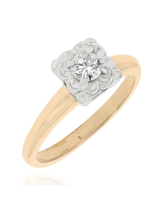 Diamond Solitaire Open Cathedral Vintage Engagement Ring in White and Yellow Gold