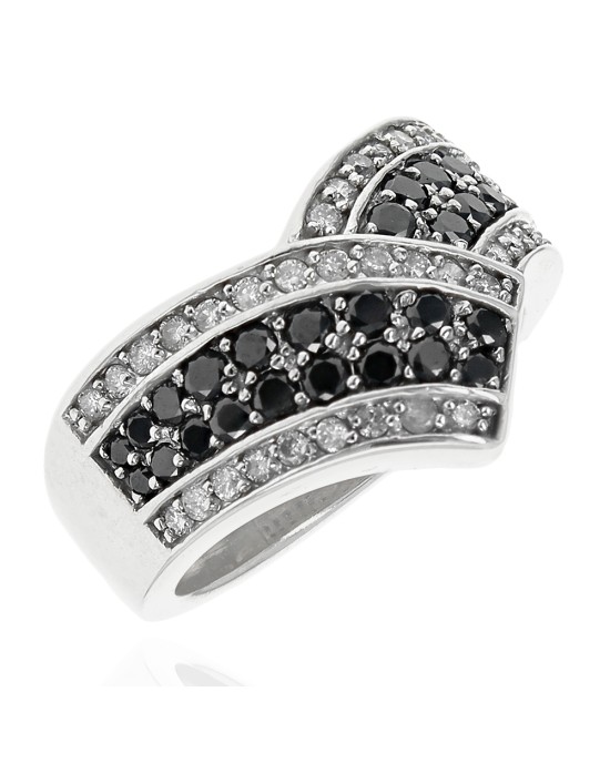 Four Row Black and White Diamond Chevron Ring in White Gold
