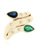 Blue Sapphire and Emerald Bypass Ring with Diamond Accents