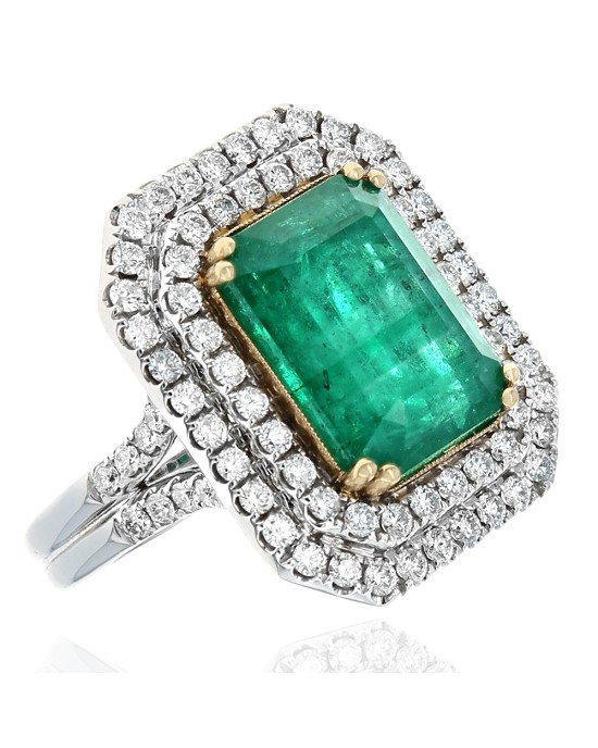 Emerald and Diamond Double Halo Ring in White and Yellow Gold