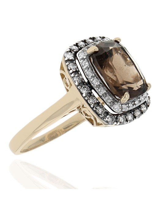 Smoky Quartz and Diamond Double Halo Ring in White and Yellow Gold