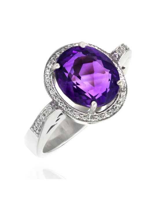 Amethyst and Diamond Halo Ring in White Gold