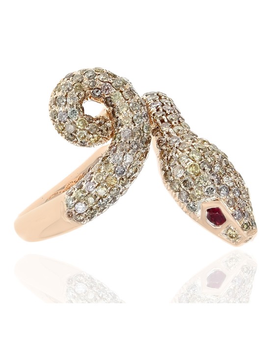 Multi Color Diamond Snake Ring with Synthetic Ruby Eyes