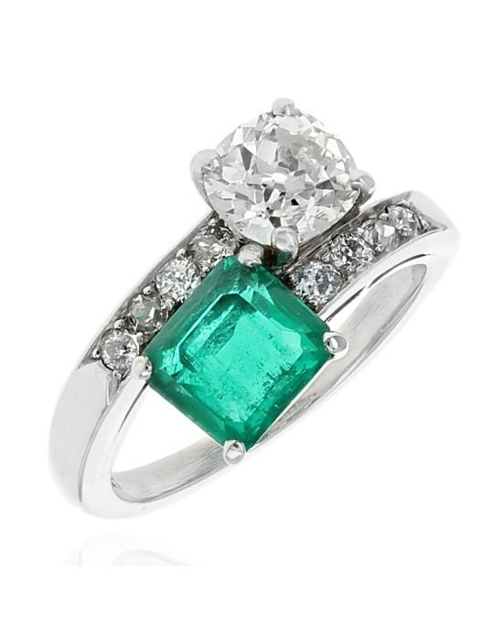 Emerald and Diamond Bypass Ring in Platinum