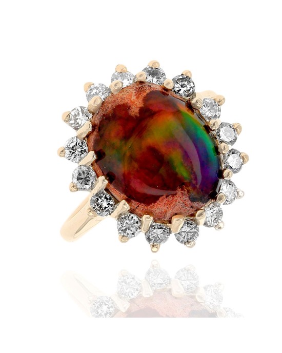Opal in Rhyolite and Diamond Halo Ring in Yellow Gold