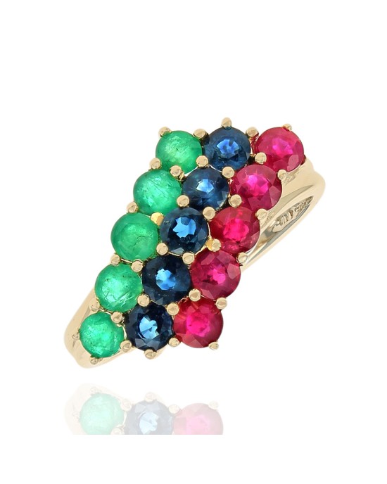 Three Row Ruby, Blue Sapphire, and Emerald Ring in Yellow Gold