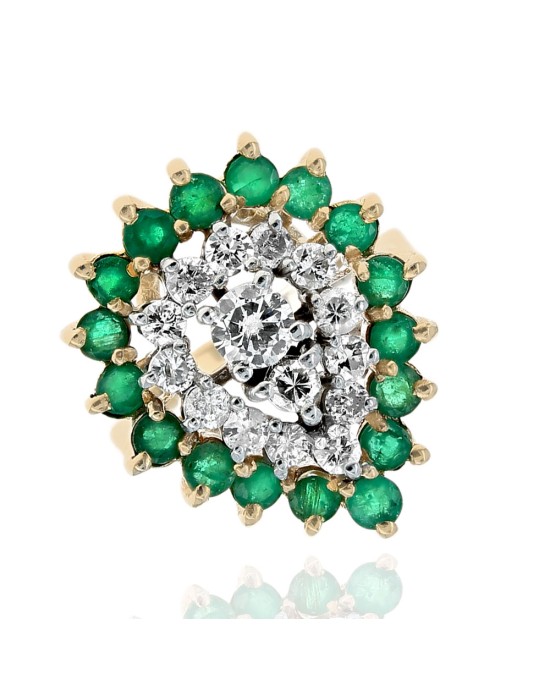 Diamond and Emerald Double Halo Ring in White and Yellow Gold