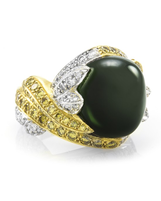Green Tourmaline Cabochon and Diamond Crossover Ring