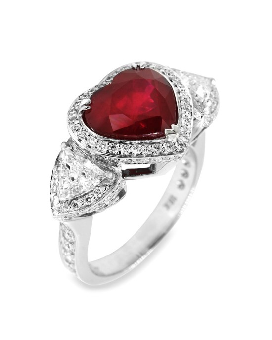 Burmese Ruby Heart and Diamond Ring in Gold