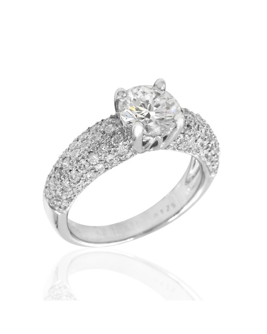 GIA Certified Round Brilliant Cut Diamond Pave Solitaire Ring in 18KW