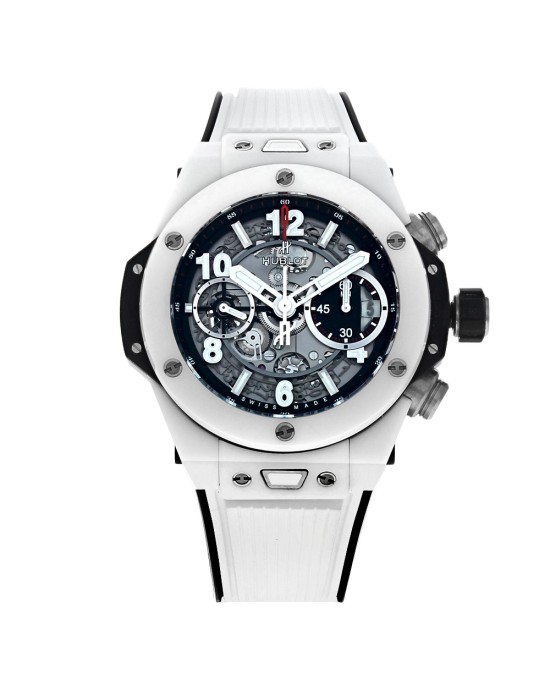 Hublot Big Bang Unico White Ceramic Watch - 42 mm - Black Skeleton Dial - Black and White Rubber Strap-441.HX.1171.RX