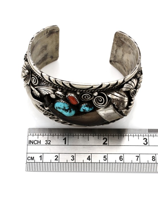 Navajo Sterling Silver Turquoise & Coral Bear Claw Cuff Bracelet