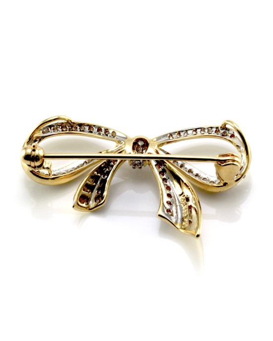 ESTATE RUBY AND DIAMOND BOW BROOCH PIN IN 2.45 CARAT 14K YELLOW GOLD OVER 1PC 