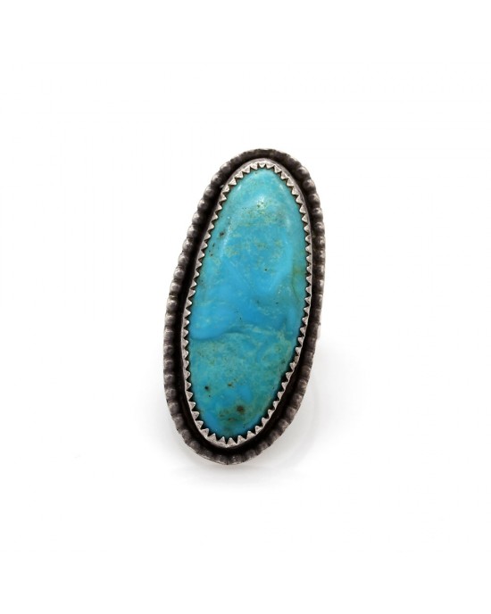 Sterling Silver Navajo One Long Oval Turquoise Stone Rope Breathable Signed Ring 