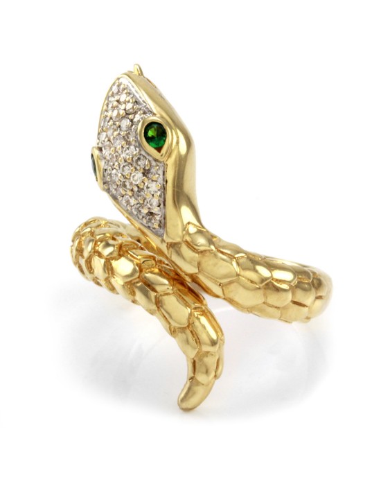 Pave' Diamond Snake Wrap Ring w/ Emerald Eyes in 18K Yellow Gold