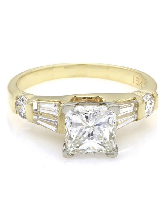 18KY Channel Set Round and Baguette Ring with 1.53ct Princess Center