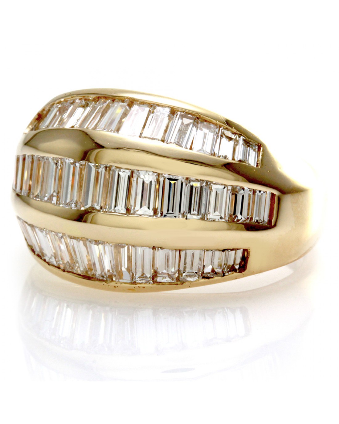 Vintage 3 Row Baguette Cut Diamond Dome Ring in 18K Yellow Gold