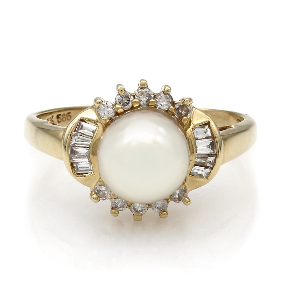 7.4mm Pearl and 0.15ctw Diamond Halo Ring in 14K Yellow Gold | eBay